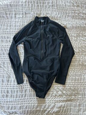 Black Long-Sleeve Zip Front Swimsuit